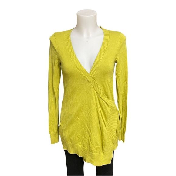 ANTHROPOLOGIE MOTH KNITTED WRAP FRONT CARDIGAN SWEATER YELLOW RIBBED‎ SZE small - Picture 1 of 10